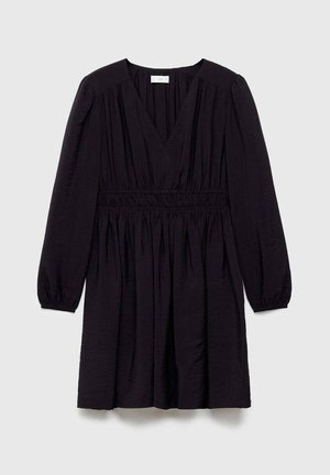 Vestido negro con escote en V, mangas largas abullonadas y cintura fruncida. Hecho de una tela texturizada con una falda fluida. Diseño sencillo y elegante.