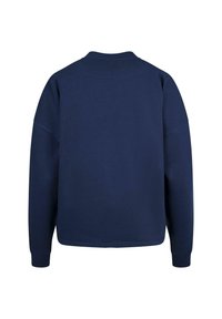 Felpa blu navy, tessuto morbido, vestibilità rilassata, scollo rotondo, spalle scese, polsini ed orlo elasticizzati, caratterizzata da una superficie liscia.