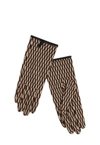 Gants tricotés avec un motif géométrique noir, orange et beige. Ils présentent une manchette noire et une texture lisse, avec des ouvertures pour le pouce et les doigts.