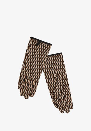 Strikkede handsker i et sort, orange og beige geometrisk mønster. Har en sort manchet og glat tekstur med åbninger til tommelfinger og fingre.