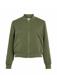 Olivgrüne Bomberjacke mit einem Reißverschluss vorne, geripptem Saum und Bündchen sowie zwei goldenen Reißverschlusstaschen an den Seiten. Glatter Stoff mit einem eleganten Finish.