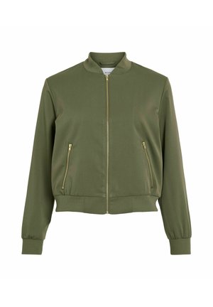 Olive green bomber jacket with a zip front, ribbed hem and cuffs, and two gold zippered side pockets. Smooth fabric with a sleek finish.