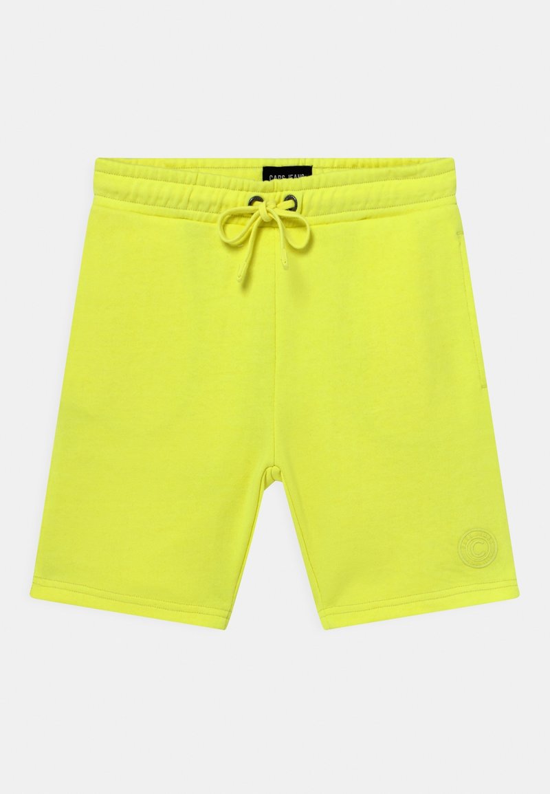 Jasnożółte szorty z elastycznym pasem, sznurkiem z przodu i bocznymi kieszeniami, z małym haftowanym logo w pobliżu dołu.
