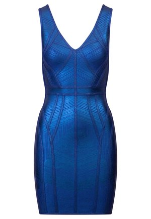 Körperbetontes Kleid in Königsblau mit V-Ausschnitt, das über strukturierte geometrische Muster und breite Träger verfügt. Hergestellt aus einem glatten, dehnbaren Stoff.