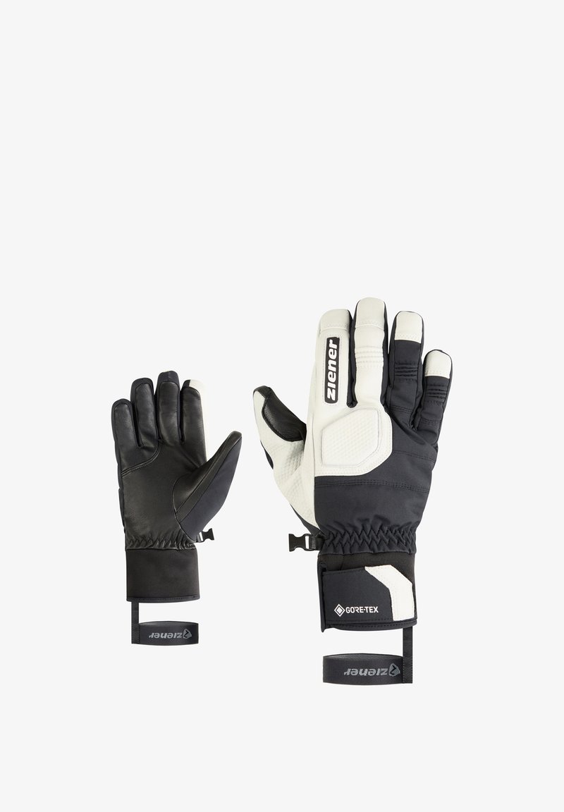 Schwarz-weiße Winterhandschuhe mit strukturierten Oberflächen, elastischen Bündchen und verstärkten Handflächen. Verfügt über ein Logo und Gore-Tex-Branding an den Bündchen.