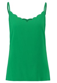 Top verde in camicia con scollo scallop, spalline regolabili e tessuto liscio. Taglio dritto e senza motivi o decorazioni visibili.