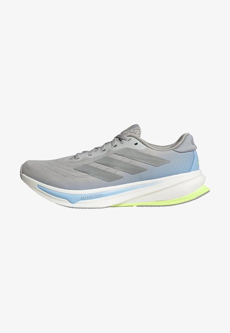Lightweight running shoe in grey mesh with blue and lime green accents. Features a curved sole, textured pattern, and six eyelets for laces.