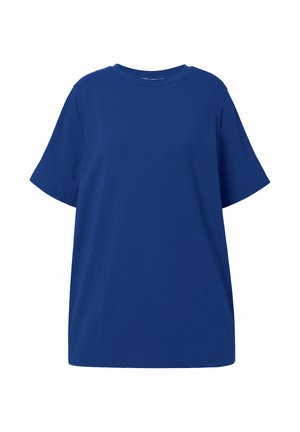 Schlichtes dunkelblaues T-Shirt mit kurzen Ärmeln und Rundhalsausschnitt, mit lockerem Schnitt, vor weißem Hintergrund gezeigt.