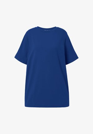 Effen donkerblauw T-shirt met korte mouwen en ronde hals, met een losse pasvorm, getoond tegen een witte achtergrond.