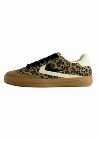 Leopard print sneaker in tan and black. Suede upper with a white leather stripe. Features black laces and a gum rubber sole. Round toe design.