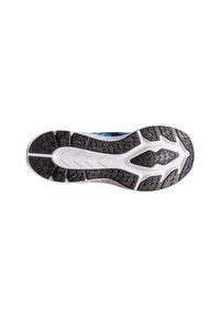 Sportschoen buitenzool met zwarte rubberen gripstructuren, witte tussenzool en blauwe accenten. Kenmerkt zich door een dynamisch profiel voor grip en duurzaamheid.
