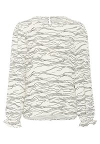 Blouse blanche à manches longues avec des lignes ondulées noires. Présente un dos en forme de clé et des poignets froncés. Fabriquée en tissu léger avec une coupe ample.