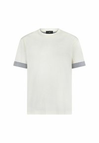 Camiseta blanca de manga corta hecha de algodón suave. Presenta acentos a rayas grises contrastantes en los puños. Diseño clásico de cuello redondo.