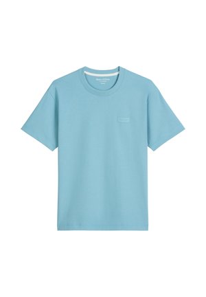 Light blue short-sleeve T-shirt made of cotton. Features a crew neckline and a small rectangular logo on the left side, solid color.
