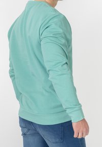 Man wearing a light green long-sleeve shirt and blue jeans, shown from the back against a plain white background.