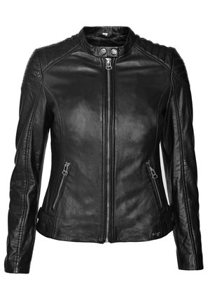 Sort læderjakke med lynlås fortil, ståkrave, ribbede skulderdetaljer og to sidelommer med lynlås. Glat tekstur og tætsiddende design.