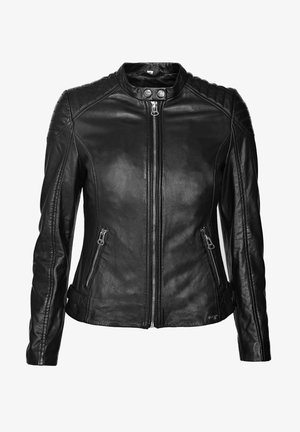 Sort læderjakke med lynlås fortil, ståkrave, ribbede skulderdetaljer og to sidelommer med lynlås. Glat tekstur og tætsiddende design.