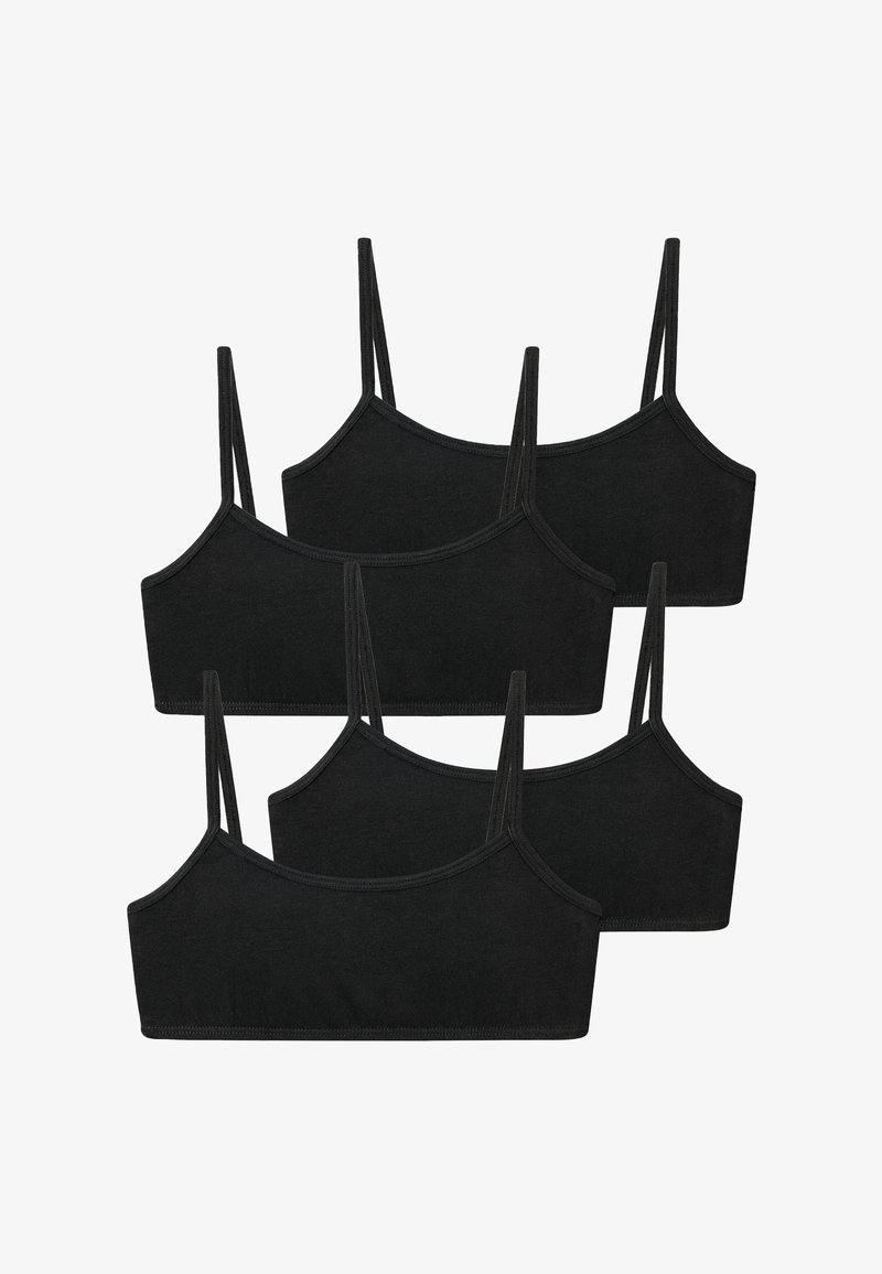 Cinq camisoles noires courtes avec des bretelles fines, disposées en rangées superposées sur un fond blanc.