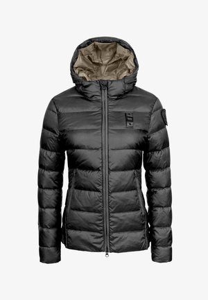 Giacca a piumino nera con cappuccio, caratterizzata da un esterno lucido, design trapuntato, zip frontale e una fodera interna beige a contrasto.