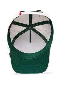 White cap with a green visor. Interior features a mesh lining and green branded tape with "THE FARM." Structured design with contrasting colors.
