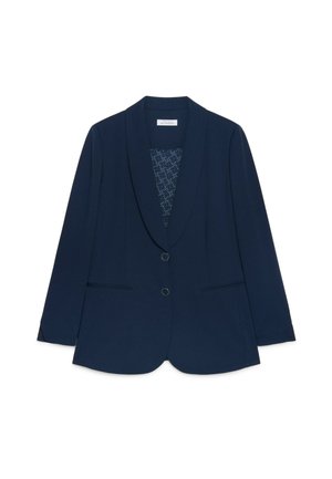 Navyblauwe blazer voor dames met twee knopen, sjawl-kraag, lange mouwen en een patroon in de binnenvoering zichtbaar bij de borst.