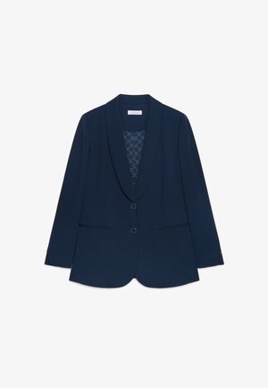 Navyblauwe blazer voor dames met twee knopen, sjawl-kraag, lange mouwen en een patroon in de binnenvoering zichtbaar bij de borst.