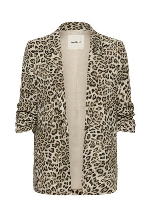 Blazer de print de leopardo con mangas abullonadas, solapas de muesca, bolsillos frontales y forro interior beige.