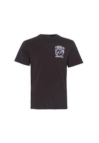 Czarny bawełniany t-shirt z krótkim rękawem i okrągłym dekoltem, z kolorową grafiką misia i napisem na lewej stronie klatki piersiowej.