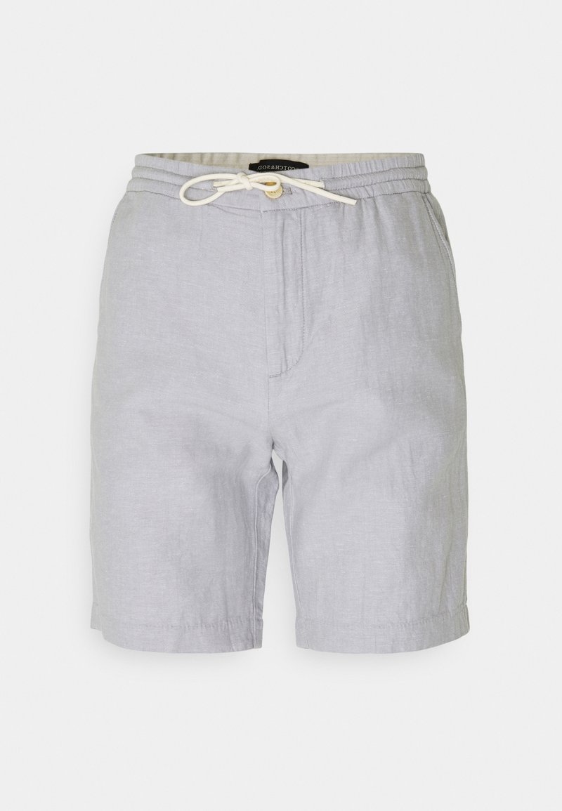Shorts en lin gris avec taille élastique et cordon de serrage ajustable. Comprend deux poches latérales et une coupe ample, arrivant à mi-cuisse.