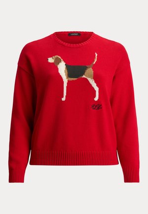 Maglione rosso lavorato a maglia con una grafica di un beagle sulla parte anteriore, con polsini e orlo a coste. Realizzato in morbido materiale di peso medio.