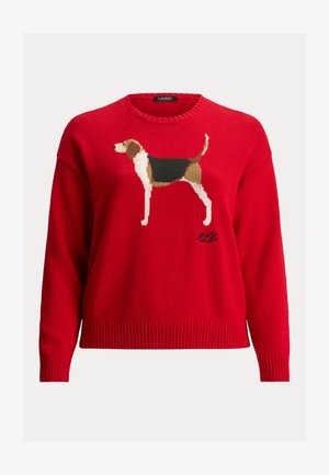Red knitted sweater featuring a beagle graphic on the front, with ribbed cuffs and hem. Made from soft, medium-weight material.