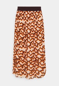 Falda midi plisada con una cinturilla elástica oscura, que presenta un patrón geométrico en naranja y negro sobre un fondo claro.