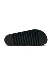 Black rubber slide sandal with a textured surface and ridged design. Rounded toe and heel with a smooth finish. Sole is flat.
