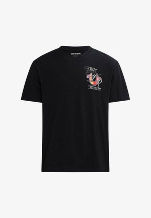T-shirt en coton noir avec un graphique sur le devant et un design de texte coloré. Encolure ronde classique et manches courtes. Coupe standard.