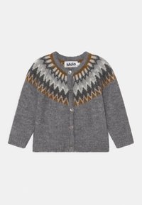 Gray knitted cardigan featuring a patterned yoke in shades of brown, black, and white. It has a button front and ribbed cuffs.