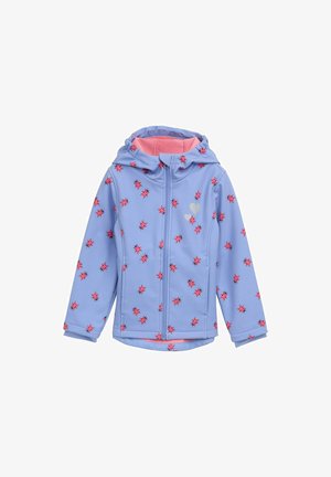 Hellblaue Jacke mit Kapuze, mit einem Muster aus roten Marienkäfern. Reißverschluss und pinke Innenauskleidung. Weicher, glatter Stoff.