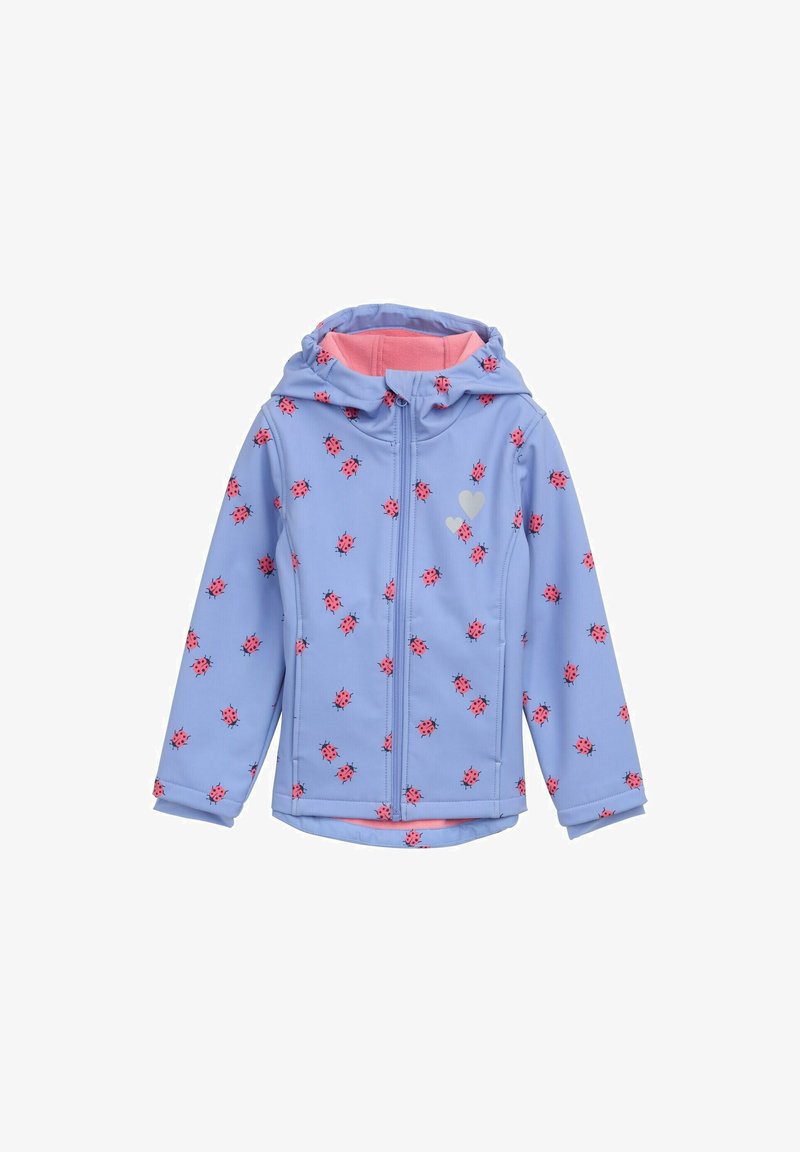 Hellblaue Jacke mit Kapuze, mit einem Muster aus roten Marienkäfern. Reißverschluss und pinke Innenauskleidung. Weicher, glatter Stoff.