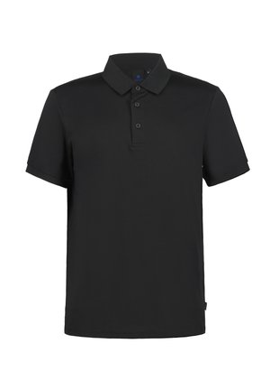 Schwarzes Polo-Shirt mit kurzen Ärmeln, drei Knöpfen und klassischem Kragen, präsentiert vor weißem Hintergrund.