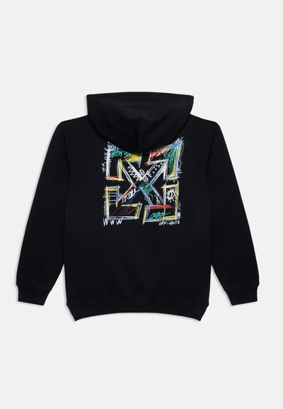 Sweat à capuche noir avec un motif abstrait coloré en forme de flèche et une petite signature "off-white" au dos.