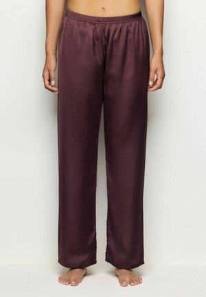 Pantalones de pijama de satén burdeos con cintura elástica, corte holgado y textura suave. Presentan piernas rectas y sin patrones visibles.