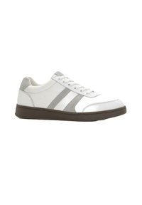 Baskets en cuir blanc avec des détails gris, bout rond, semelle en caoutchouc plate et système de laçage. Deux rayures grises sur le côté externe.