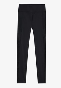Black athletic leggings made of stretchy fabric, featuring a wide waistband and side pockets. Smooth texture with contrasting side panels.