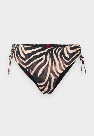 Bas de bikini à imprimé zèbre avec des liens ajustables sur les côtés, avec des rayures noires et beiges sur un tissu lisse.