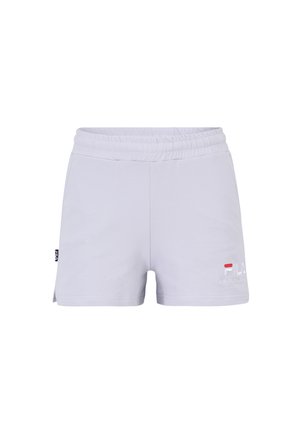 Hellgraue Sportshorts mit elastischem Bund, ausgestattet mit Seitenschlitzen und einem kleinen aufgestickten Logo am linken Bein.