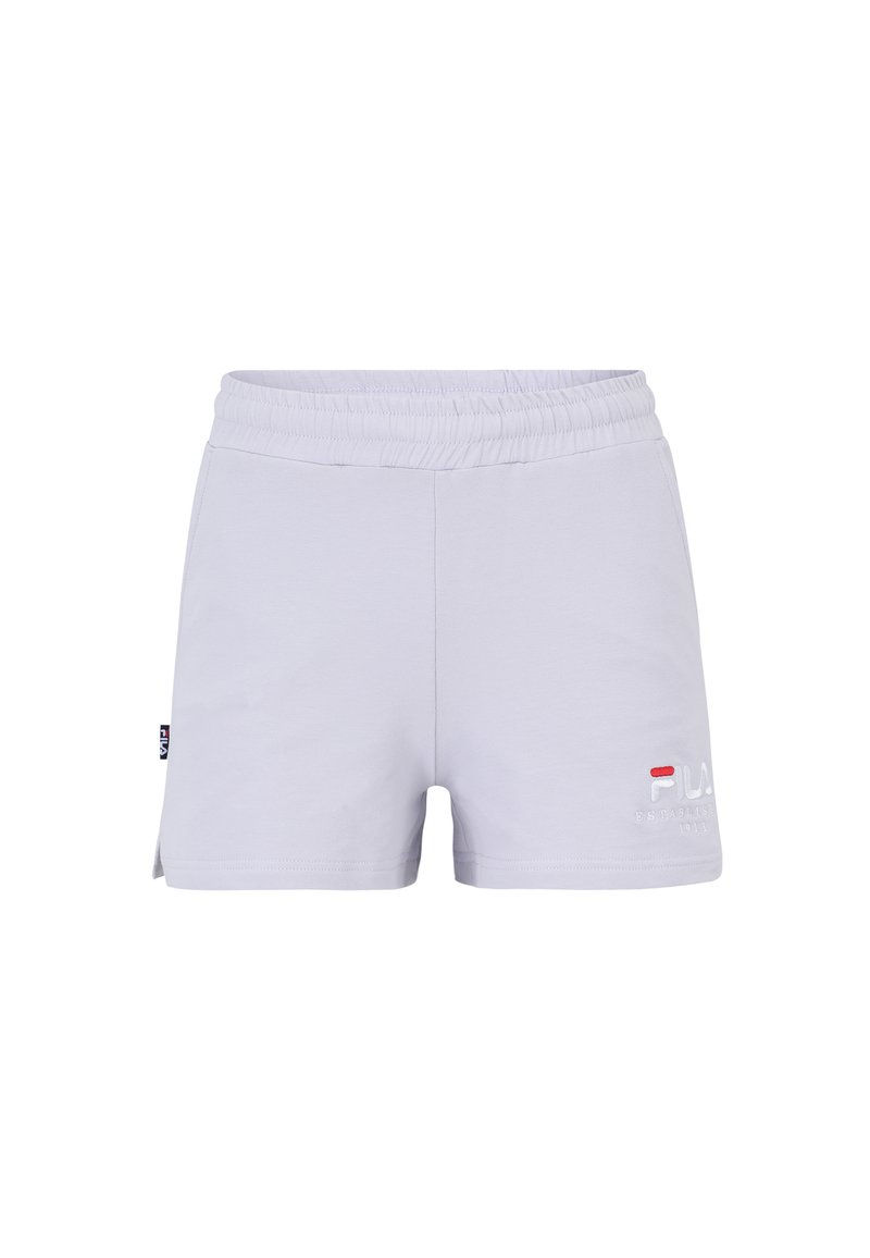 Pantalones cortos deportivos de color gris claro con cinturilla elástica, que presentan aberturas laterales y un pequeño logo bordado en la pierna izquierda.