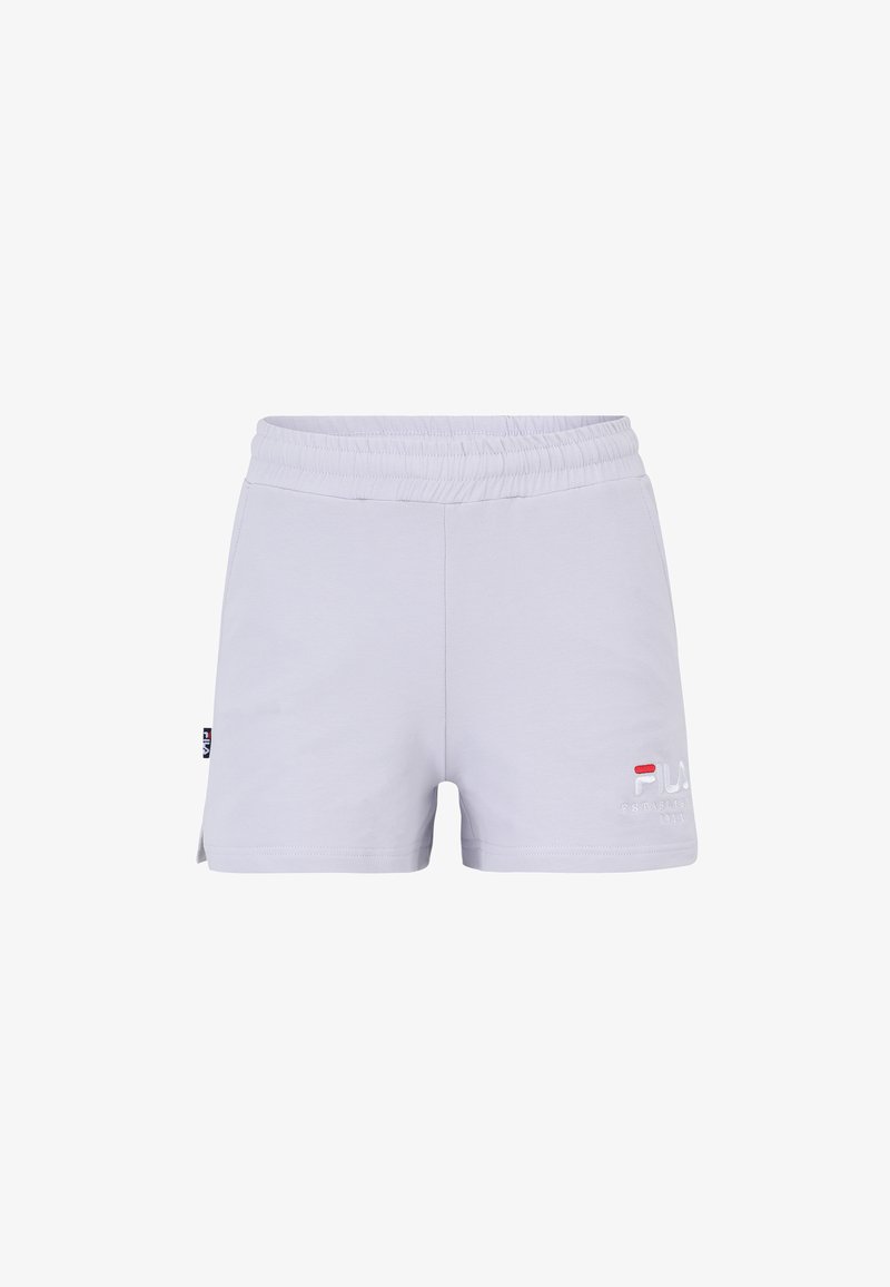 Pantalones cortos deportivos de color gris claro con cinturilla elástica, que presentan aberturas laterales y un pequeño logo bordado en la pierna izquierda.