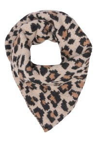 Écharpe tricotée en design boucle avec une base beige, arborant un motif léopard noir et marron. Texture douce et apparence chaleureuse.