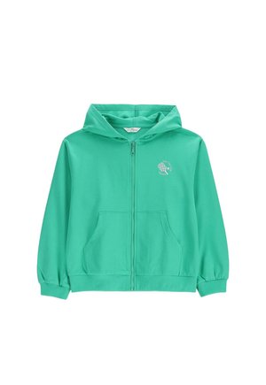 Jasnozielona bluza z kapturem i zamkiem błyskawicznym na całej długości, z kapturem, dwoma przednimi kieszeniami, ściągaczami i małym okrągłym nadrukiem z tekstem na lewej piersi.