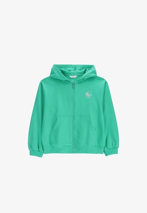 Jasnozielona bluza z kapturem i zamkiem błyskawicznym na całej długości, z kapturem, dwoma przednimi kieszeniami, ściągaczami i małym okrągłym nadrukiem z tekstem na lewej piersi.