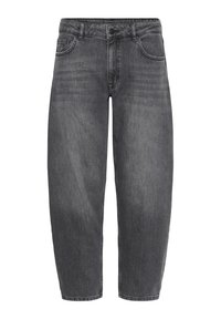 Jeans en denim noir à coupe ample, avec un design à cinq poches, fermeture à bouton et des dégradés subtils pour la texture.